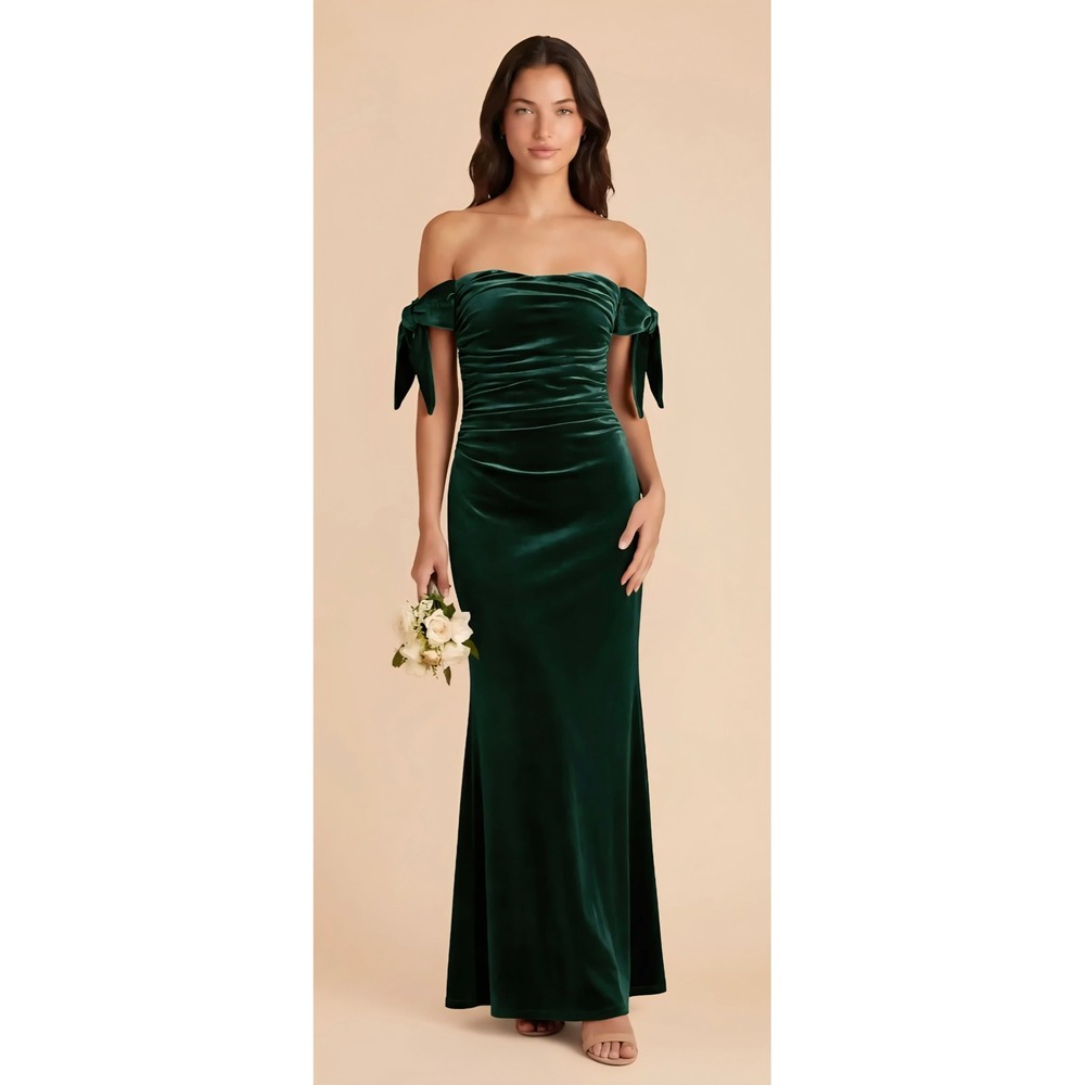 Birdy Grey Connie Emerald Green Velvet Off Shoulder Small Ruched Maxi Dress Gala